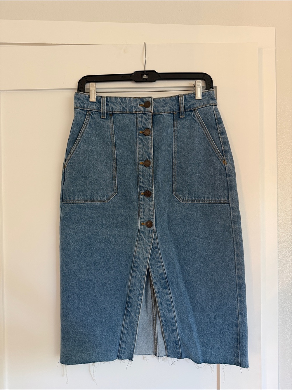 Bershka Medium Blue Button-Front Denim Midi Skirt